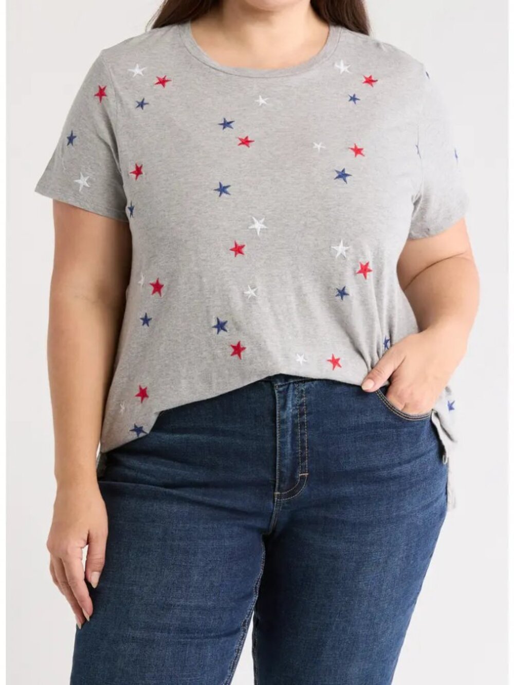 Lucky Brand Red White Blue Stars Cotton Embroidered Crew Neck T-Shirt 2X NWT
